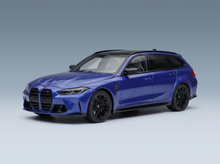 Blue BMW M3 Touring scale model car with black rims, showcased by Vroomi for collectors