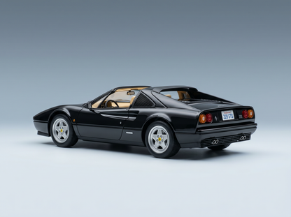 Black Ferrari 328 GTS scale model car from Vroomi, showcasing sleek design and detailed interior.