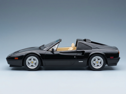 Black Ferrari scale model car with tan interior, showcased by Vroomi for collectors
