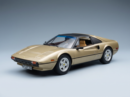 Maqueta a escala del Ferrari 308 GTS en color dorado de Vroomi, réplica detallada de fundición a presión con interior de color beige y techo negro