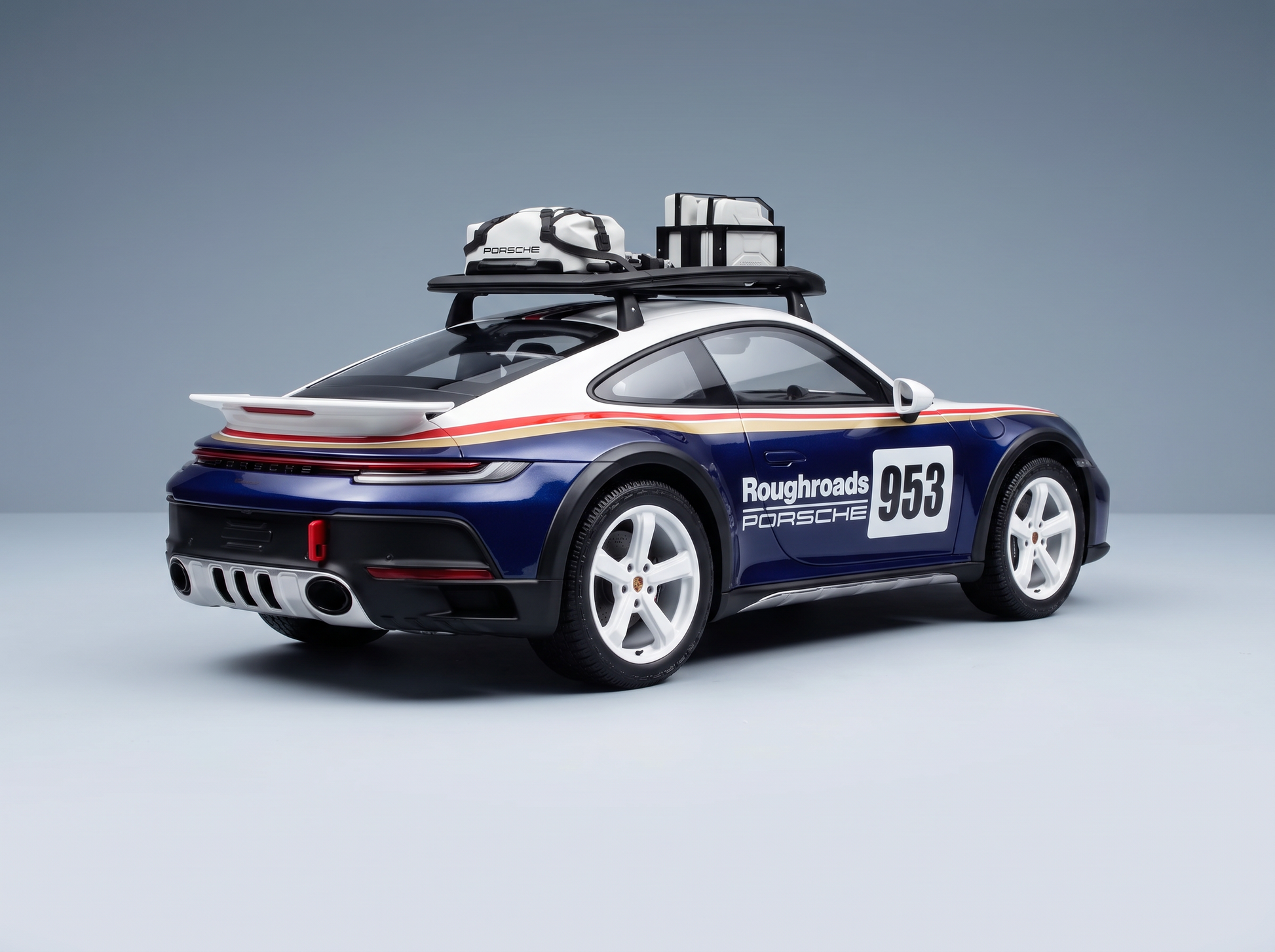 Maqueta a escala del Porsche 953 de Roughroads con portaequipajes en el techo, disponible en Vroomi para coleccionistas