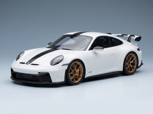 White Porsche 911 GT3 scale model car with black stripes and gold wheels, Vroomi collectible