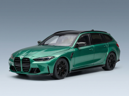 Green BMW M3 Touring scale model car with black wheels, showcased by Vroomi for collectors.