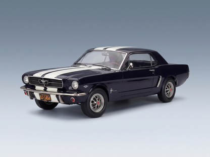 1965 Ford Mustang GT 2+2 Fastback scale model car in dark blue with white stripes, Vroomi