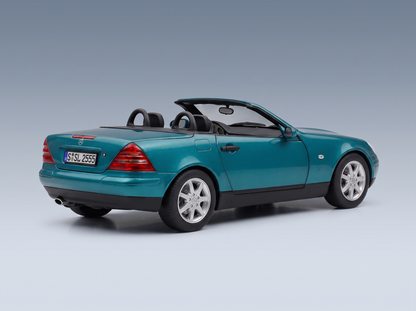 Teal Mercedes-Benz SLK scale model car by Vroomi, showcasing convertible top and detailed rear design