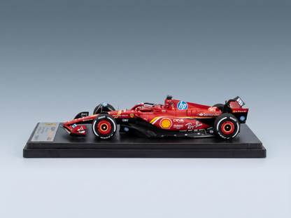 Red Ferrari F1 scale model car with Shell, HP, Santander logos, displayed on black base — Vroomi