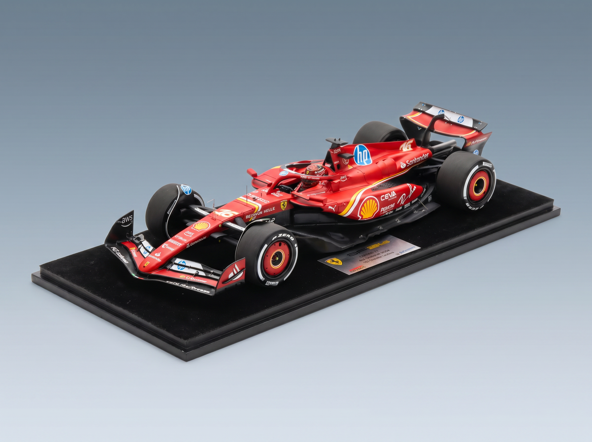 Rotes Ferrari-F1-Modellauto auf Sockel, mit detaillierten Sponsorenlogos, von Vroomi