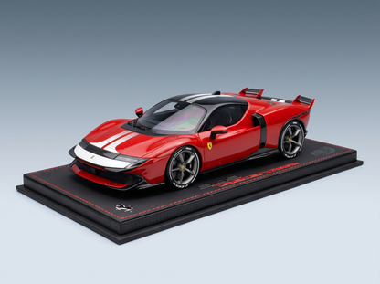 Red ferrari sf90 stradale model car with black accents and white racing stripes in roso fiammante red