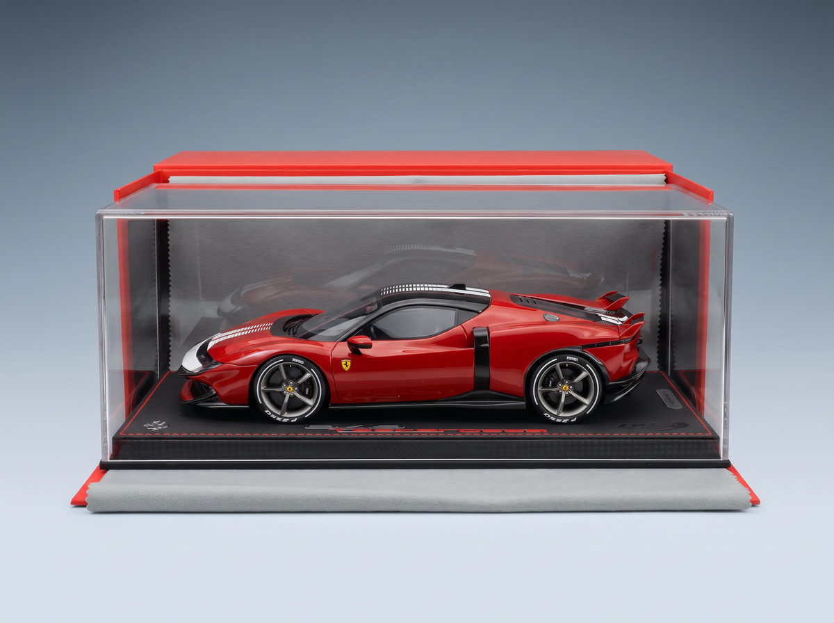 Red ferrari 849 testarossa assetto fiorano 2025 model car with black accents silver rims in clear acrylic showcase