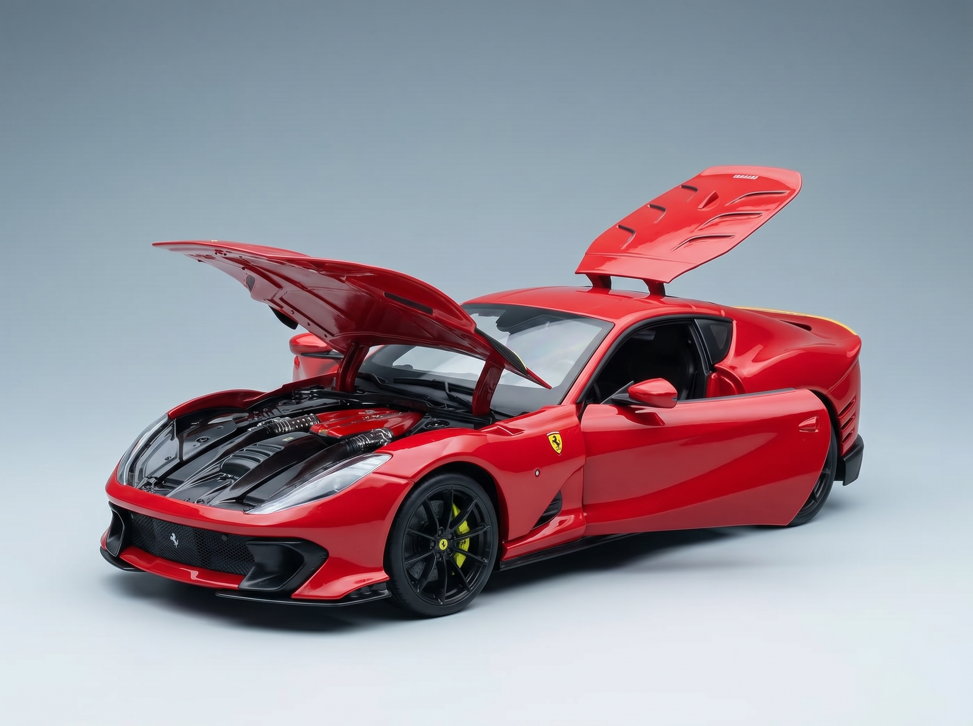Rotes Ferrari-Modellauto mit geöffneter Motorhaube und Türen sowie detailgetreuem Motor von Vroomi