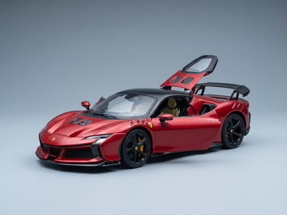 Rotes Ferrari-Modellauto mit geöffneten Türen, präsentiert von Vroomi für Sammler