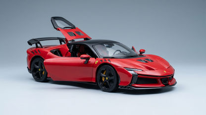 Rotes Ferrari SF90 Stradale-Modellauto mit geöffneter Tür, präsentiert von Vroomi für Sammler