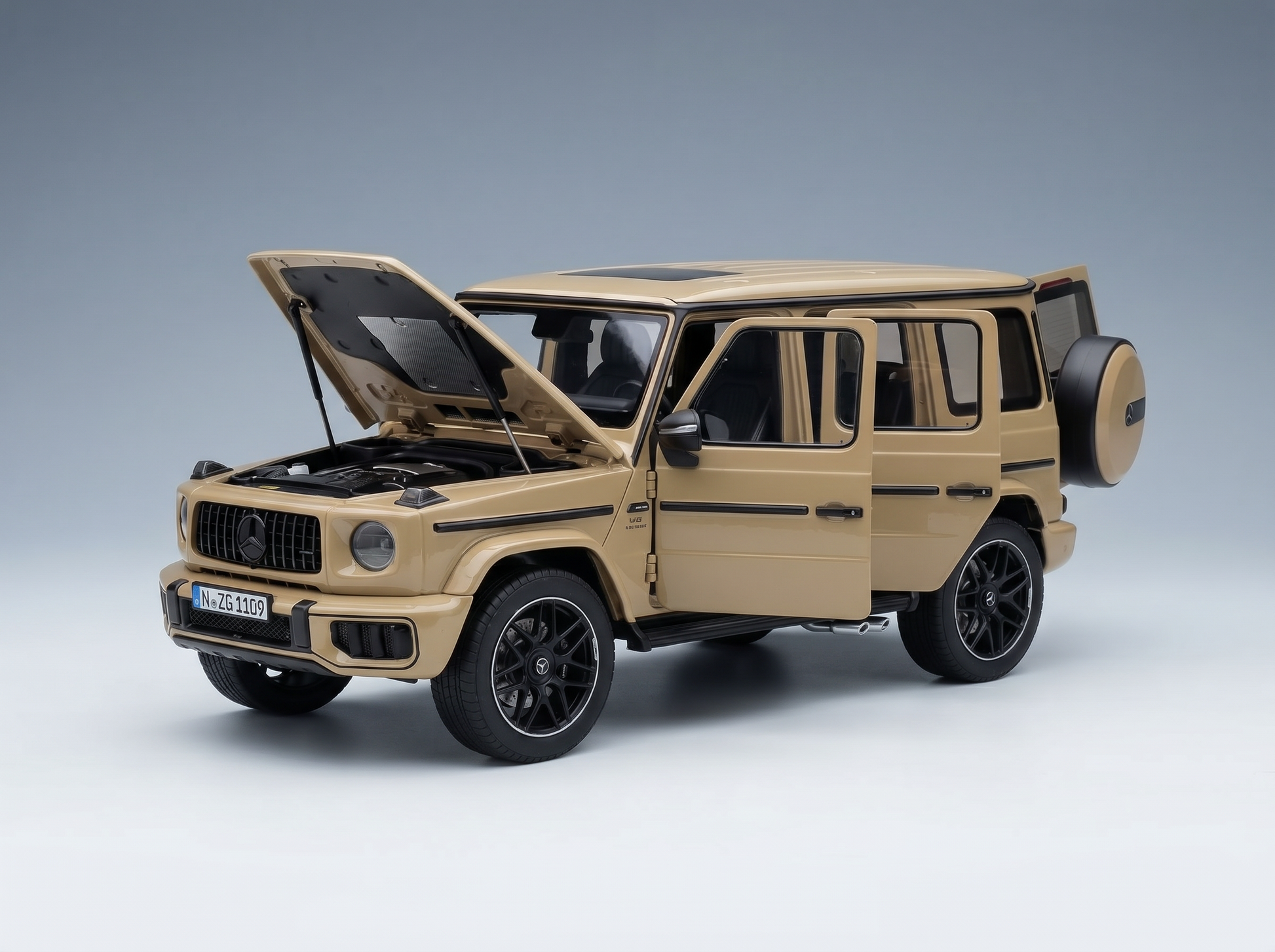 Tan Mercedes G-Wagon scale model car with open hood and doors, detailed engine, by Vroomi