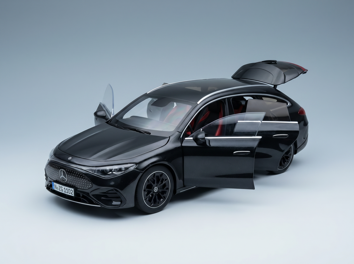 Black Mercedes-Benz scale model car with open doors, showcased by Vroomi for collectors