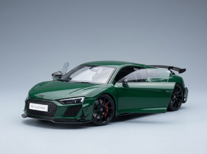 Groene Audi R8 V10 GT RWD-schaalmodelauto van Vroomi, met een strak ontwerp en zwarte velgen