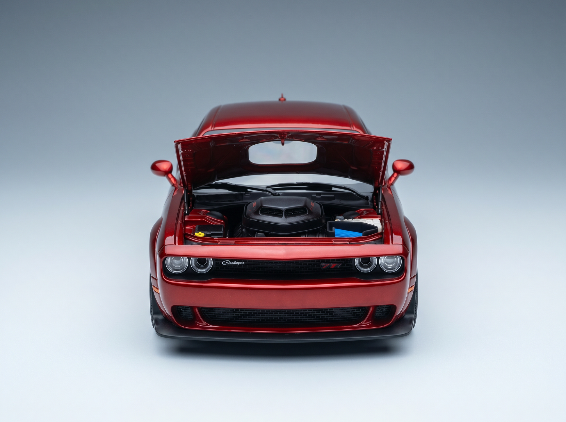 Red Dodge Challenger scale model car with open hood, detailed engine, from Vroomi