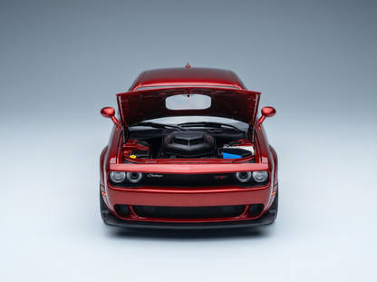 Red Dodge Challenger scale model car with open hood, detailed engine, from Vroomi