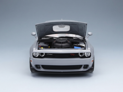 Silver Dodge Challenger SRT scale model car with open hood, detailed engine, from Vroomi