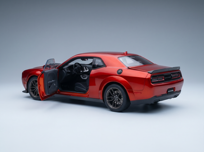 Red Dodge Challenger scale model car with open door, detailed interior, from Vroomi