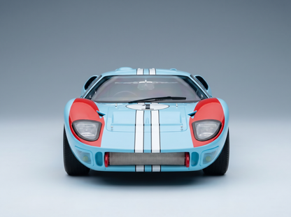 Blue and red scale model car with white stripes, showcased by Vroomi for collectors.