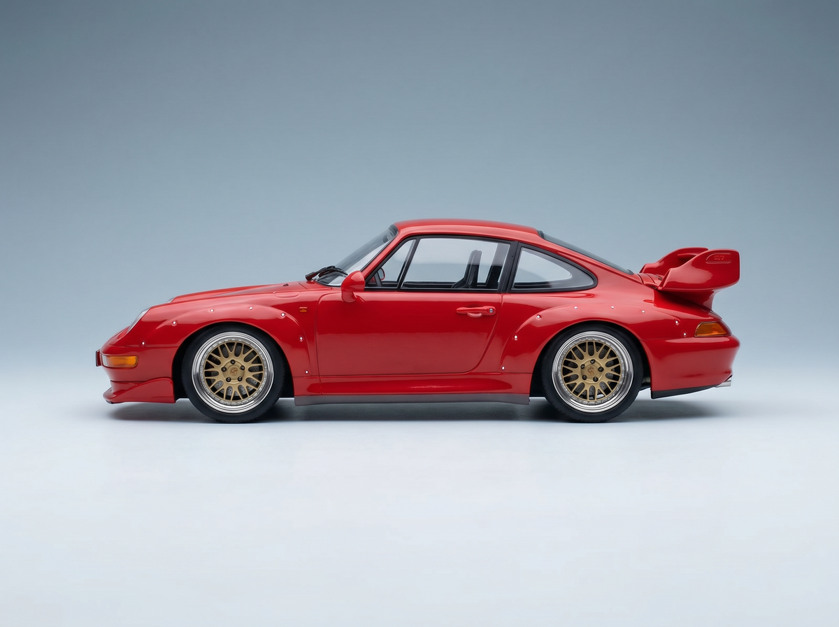 Red scale model car with gold rims, showcased by Vroomi for collectors and motorsport fans.