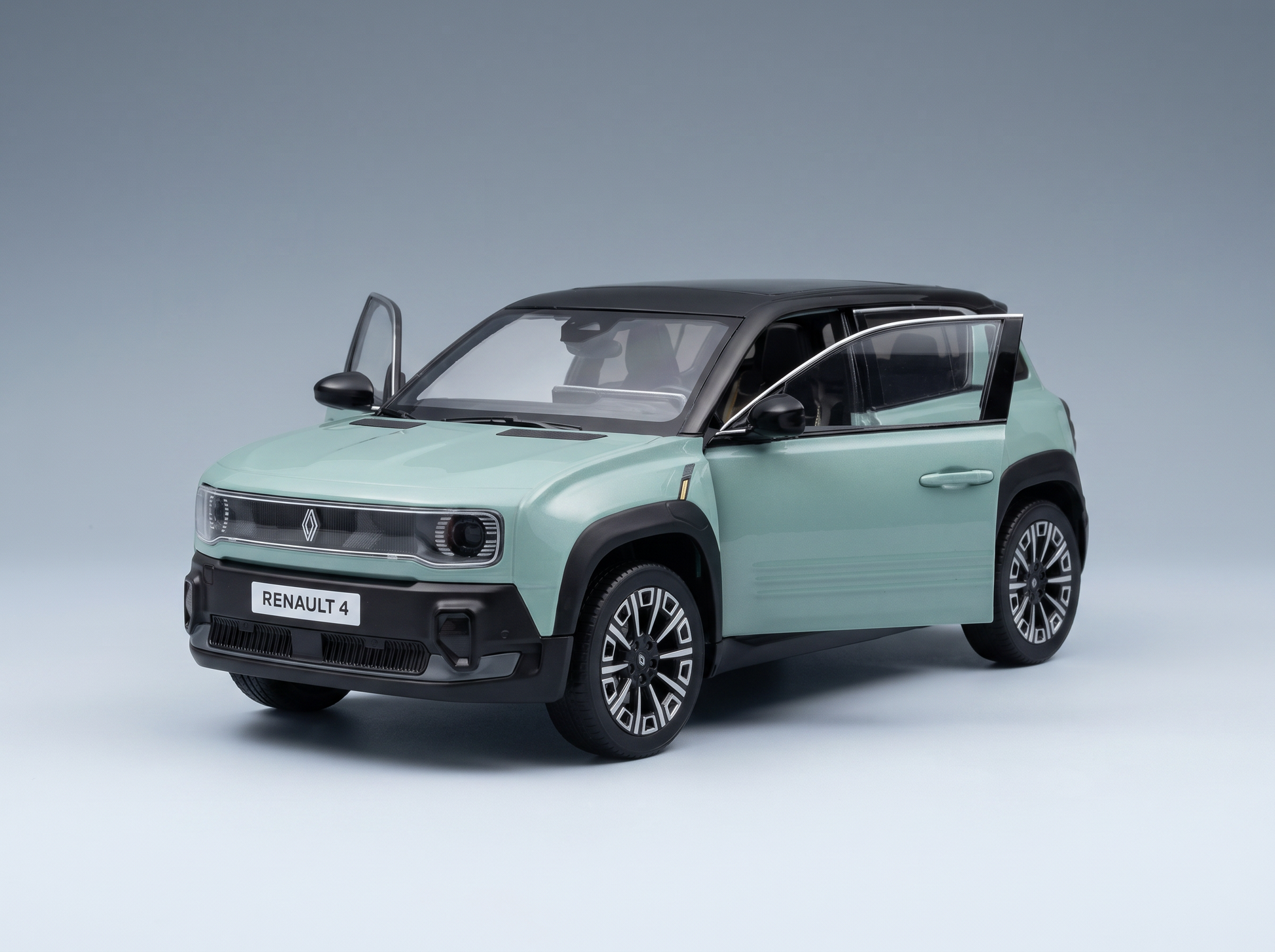 Renault 4-Modellauto in Mintgrün mit geöffneten Türen, präsentiert von Vroomi für Sammler.