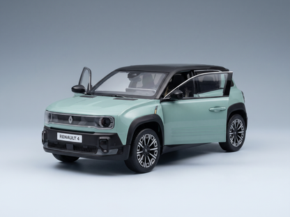 Renault 4-Modellauto in Mintgrün mit geöffneten Türen, präsentiert von Vroomi für Sammler.