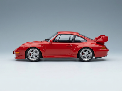 Red Porsche 911 GT2 scale model car from Vroomi, featuring wide fenders and rear wing, detailed die-cast replica.