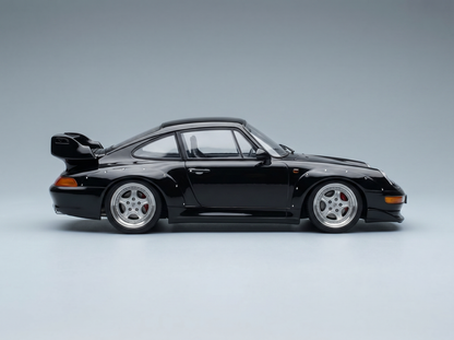 Black Porsche 911 GT2 scale model car with wide body, rear wing, and silver wheels from Vroomi