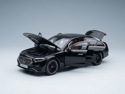 Black Mercedes-Benz E-Klasse scale model car with open doors and hood, showcased by Vroomi for collectors.