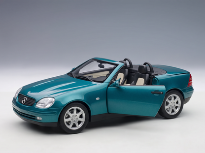 Teal Mercedes-Benz SLK scale model car with open top, showcased by Vroomi for collectors