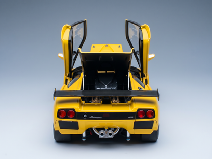 Yellow Lamborghini GTR scale model car with open doors and rear engine bay, Vroomi