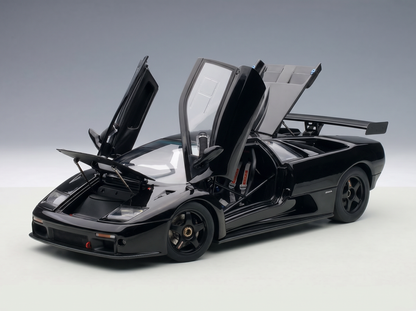 Black Lamborghini Diablo scale model car with doors open, showcased by Vroomi for collectors