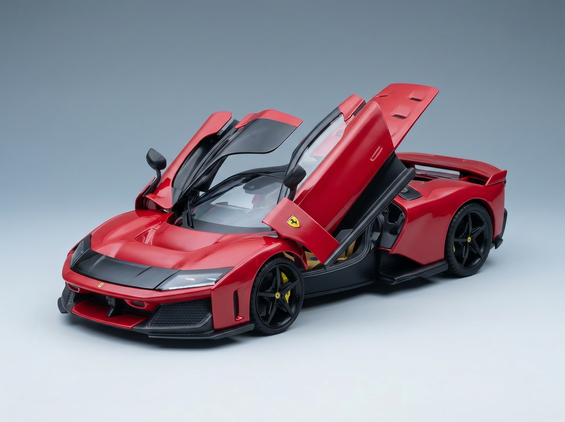 Red Ferrari scale model car with open doors, showcased by Vroomi for collectors