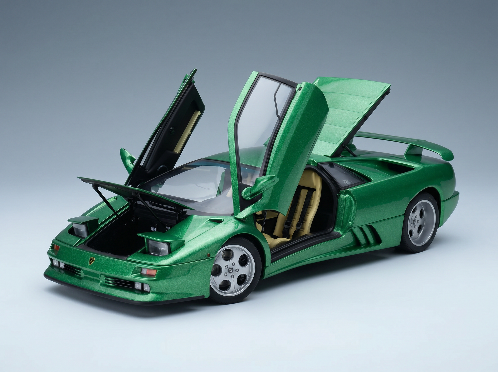 Green Lamborghini scale model car with open doors, showcased by Vroomi for collectors.