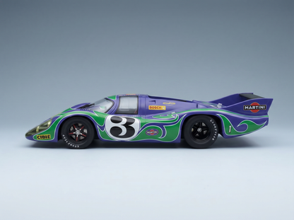 Purple and green Martini-liveried scale model car with number 3, featuring Bosch and Goodyear logos, from Vroomi.