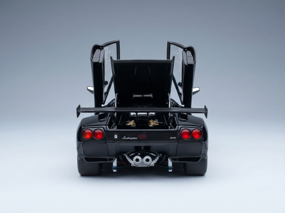 Black Lamborghini GTR scale model car with open doors and rear engine, from Vroomi