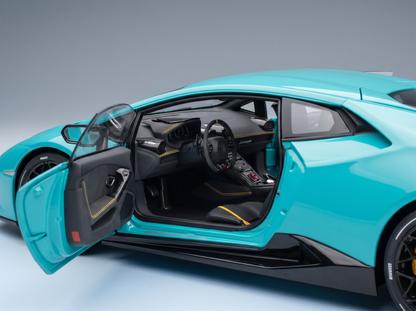 Turquoise scale model car with open doors, detailed interior, from Vroomi
