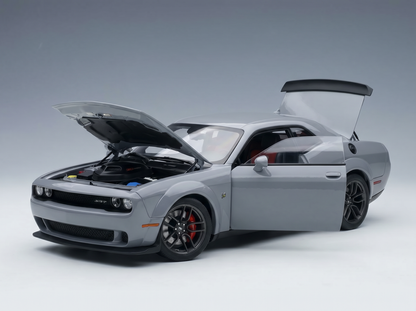 Gray Dodge Challenger SRT scale model car with open hood and doors, showcased by Vroomi for collectors.