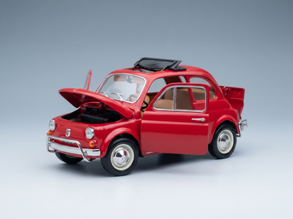 Red scale model car with open hood and doors, detailed interior, Vroomi collectible