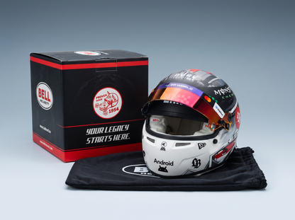 Bell racing helmet with Android and Monster Energy decals, displayed with box and pouch — Vroomi scale model car accessory