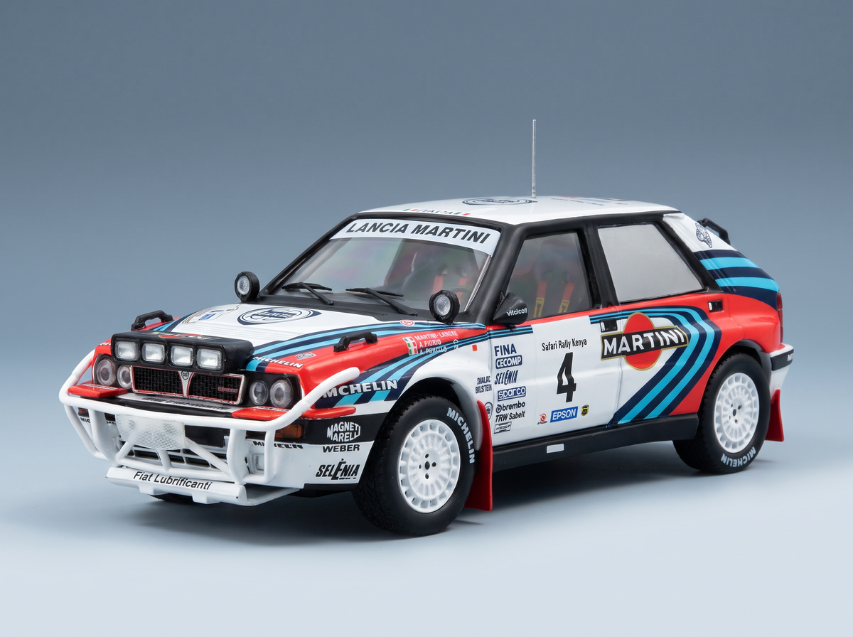 Lancia Delta Integrale 16V Martini No. 4 Alessandro Fiorio Luigi Pirollo Rally Safari 1990 Night Version IXO Models 1:43 scale model - front three-quarter view