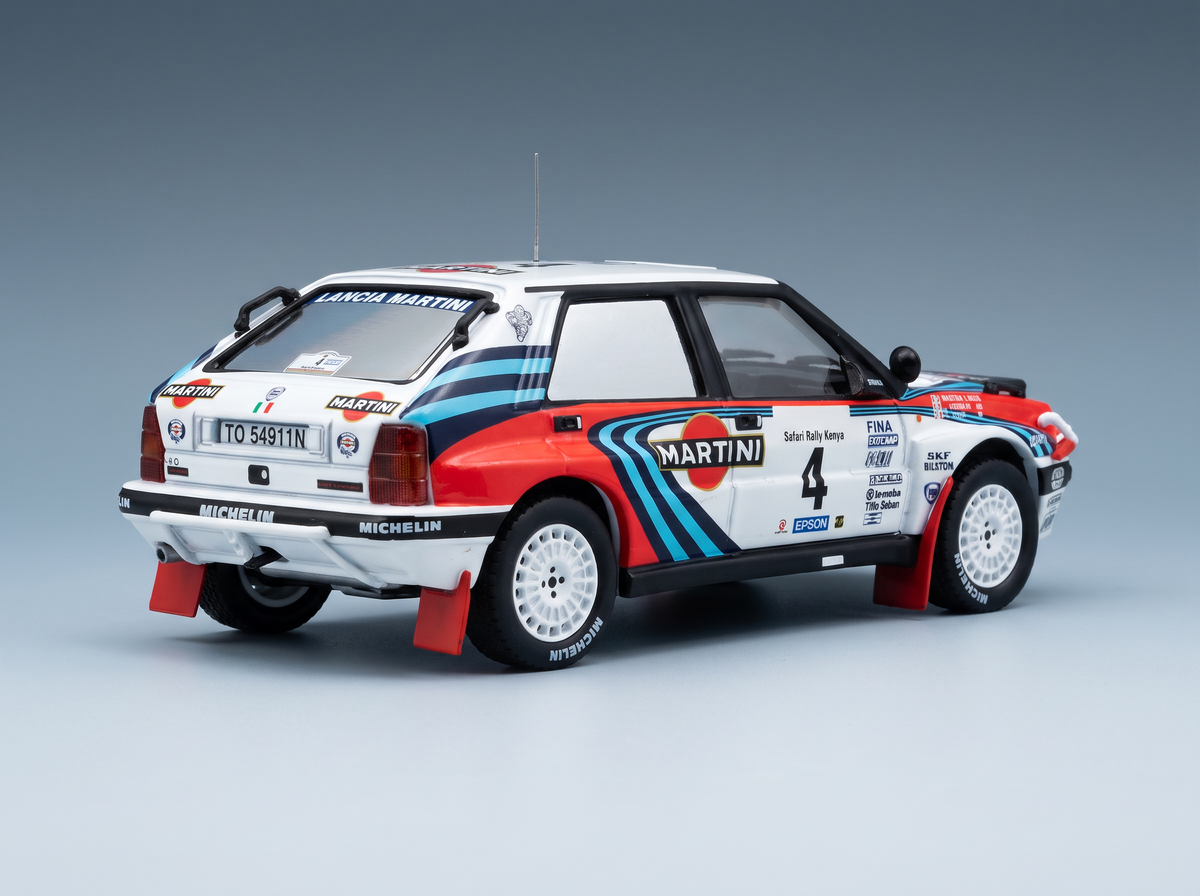Lancia Delta Integrale 16V Martini No. 4 Alessandro Fiorio Luigi Pirollo Rally Safari 1990 Night Version IXO Models 1:43 scale model - rear three-quarter view