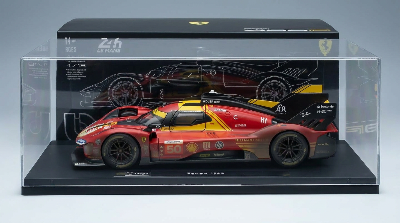 Red Ferrari 499P scale model car in display case, Vroomi collector's edition