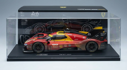 Red Ferrari 499P scale model car in display case, Vroomi collector's edition