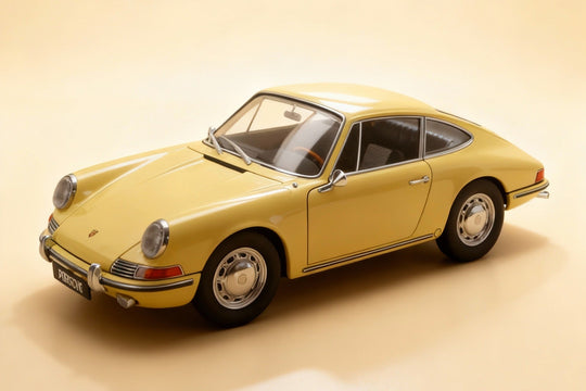 Porsche Yellow model car on a beige background
