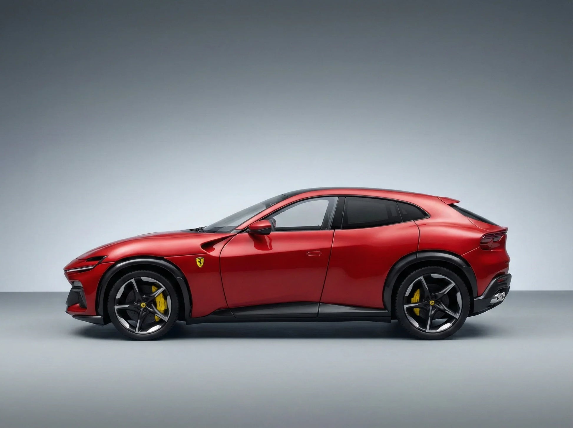 Red Ferrari scale model SUV with yellow brake calipers, available at Vroomi for collectors