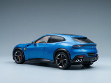 Blue Ferrari Purosangue 1/18 scale model die-cast car, collectible and available at Vroomi