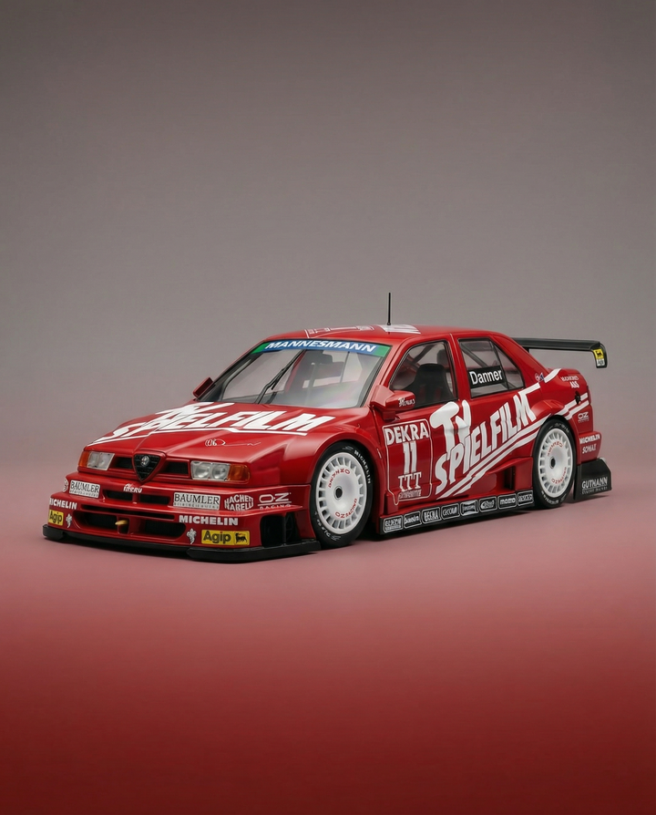 Red ALFA ROMEO DTM 155 TI race car with various sponsor logos on a gradient background