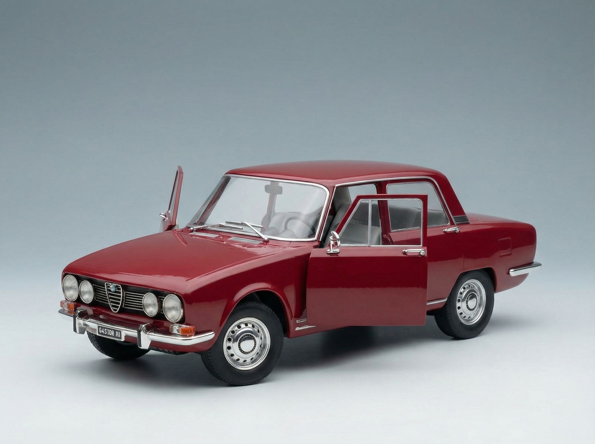 Red classic sedan die-cast scale model with open doors, collectible and in stock online.
